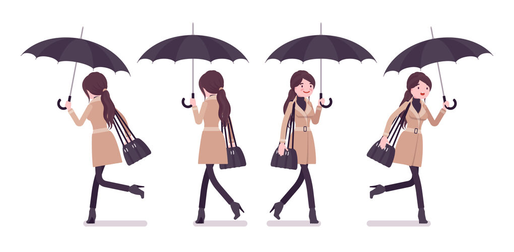 收藏女人带着雨伞走着跑着穿秋衣插画智能服装模型