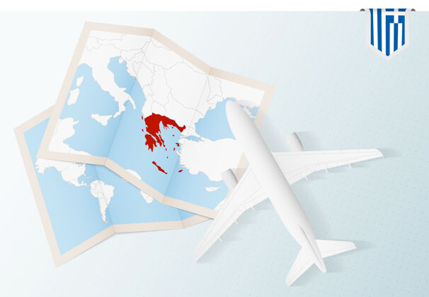 旅行俯瞰飞机与地图和希腊国旗飞机飞机旅行