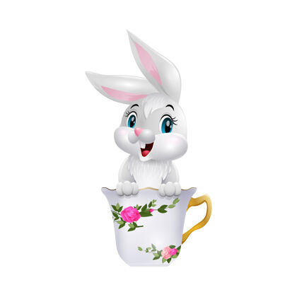 花卡通有趣的兔子坐在杯子里兔子耳朵杯子