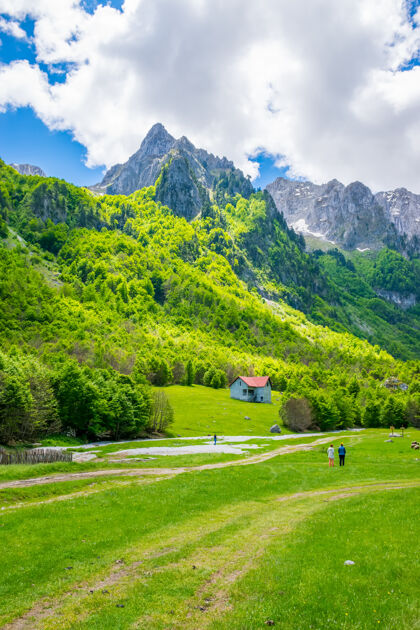 黑山风景如画的绿色草地 背景是高高的岩石路房子高山