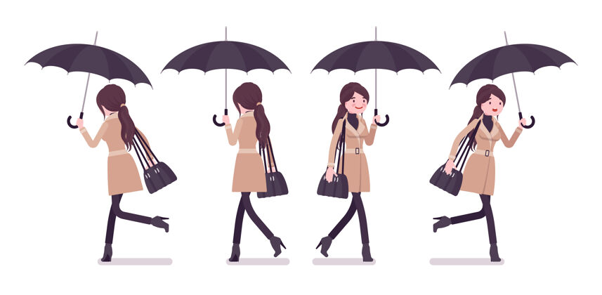 收藏女人带着雨伞走着跑着穿秋衣插画智能服装模型