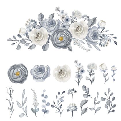 花束孤立剪贴画水彩花海军蓝和白色海军蓝花朵套装