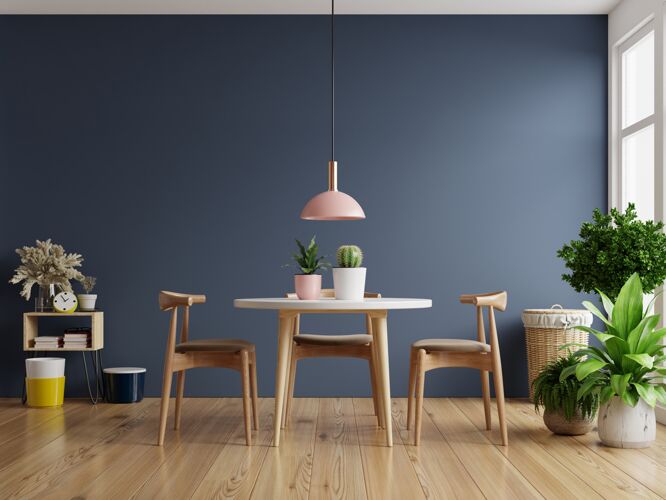 椅子现代餐厅室内设计 深蓝色墙壁3d渲染家居室内灯架子