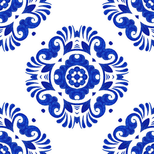 陶瓷抽象蓝白手绘纹理瓷砖无缝装饰水彩图案织物颜色优雅