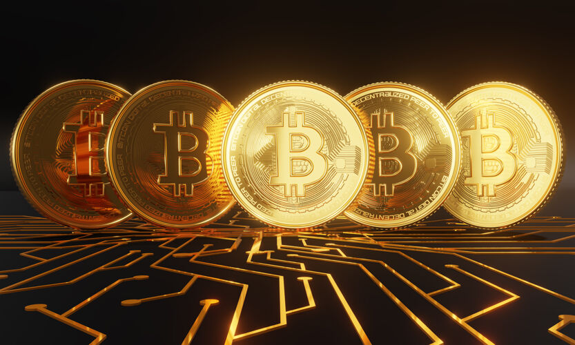 Cryptocurren站在电路板上的金色比特币GrowthEcommerceVirtual