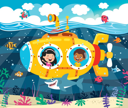 船海底卡通潜水艇鱼海洋生物卡通