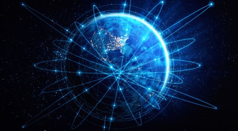 地图全球网络连接 用创新的感知线覆盖地球互联网通信国际