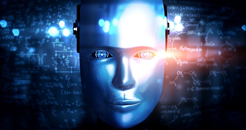 机器机器人仿人脸部特写与工程科学图形概念学习脸智力眼睛