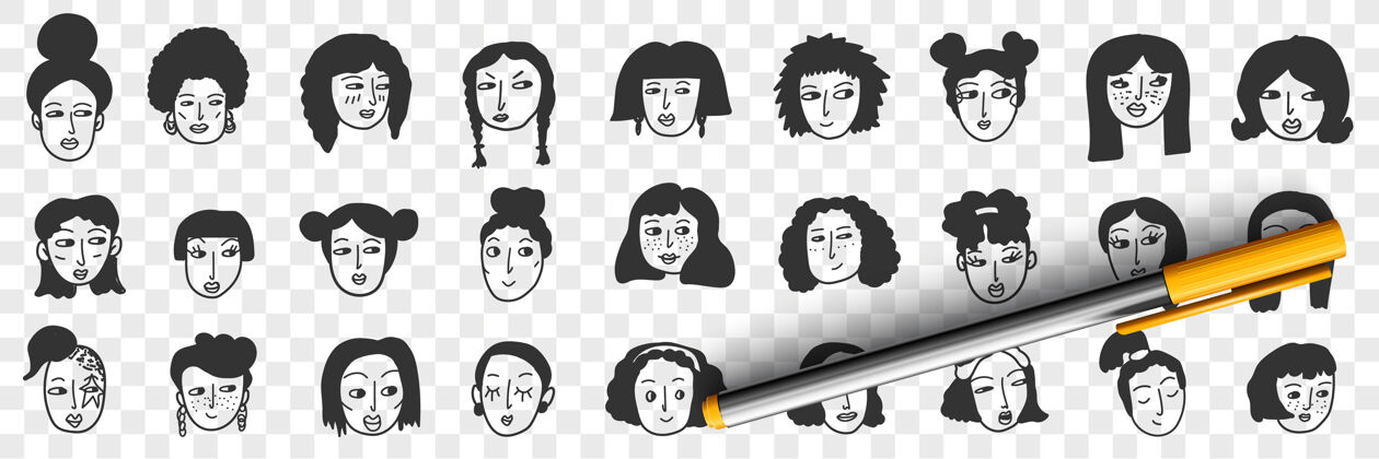 搞笑黑发女子涂鸦发型套装发型钢笔透明