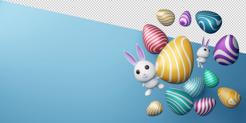 礼物复活节快乐 可爱的兔子和彩色彩蛋在三维渲染3d兔子几何