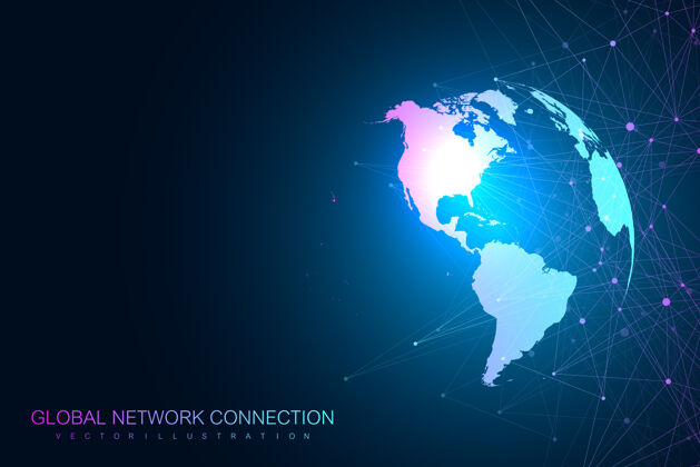 创新全球网络与世界地图插图蓝色网格全球
