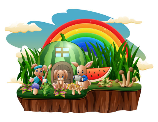 自然快乐的兔子在西瓜屋前玩耍插图水果蘑菇绘画