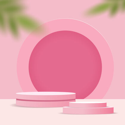 演示在粉彩背景上的抽象最小场景 柱面讲台和树叶圆形圆形展示