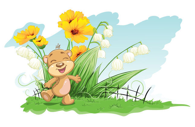 泰迪熊带着百合花的快乐熊花园熊花束