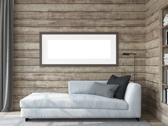 当代现代客厅内部框架实体模型木墙附近的白色沙发3d渲染房子客厅家具