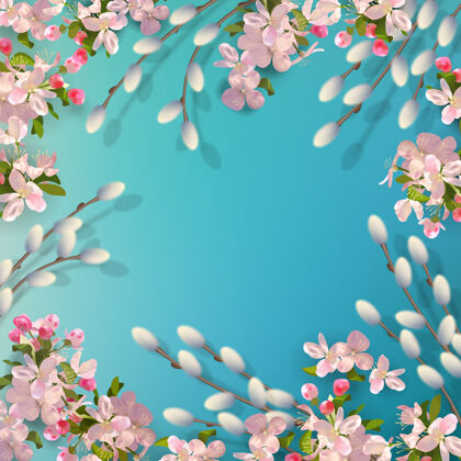 季节春天的背景是柳枝和樱花开花花柳树