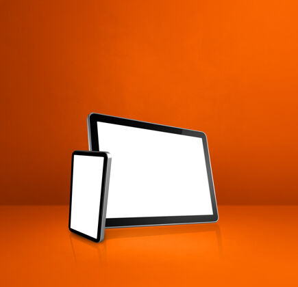 通信橙色办公桌上的手机和数字平板电脑3d插图互联网灯光智能