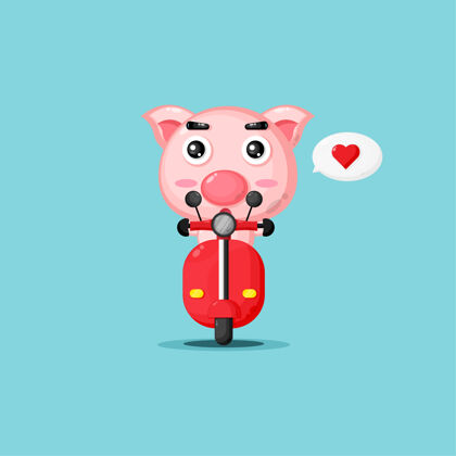 角色可爱的猪骑经典摩托车滑板车骑卡通