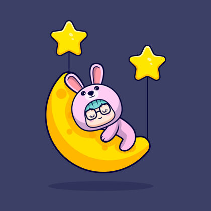 玩可爱的女孩穿着兔子服装睡在浮动的月亮上服装表情睡眠