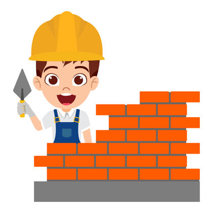 公寓快乐可爱聪明的男孩角色穿着建筑工人的服装 表情欢快的建筑砖墙人建筑工人男性