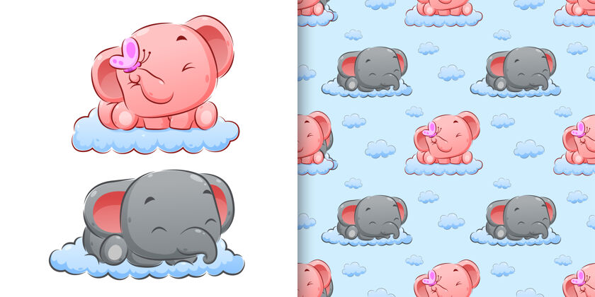 水彩水彩手绘情侣大象睡在云端插画艺术品无缝云