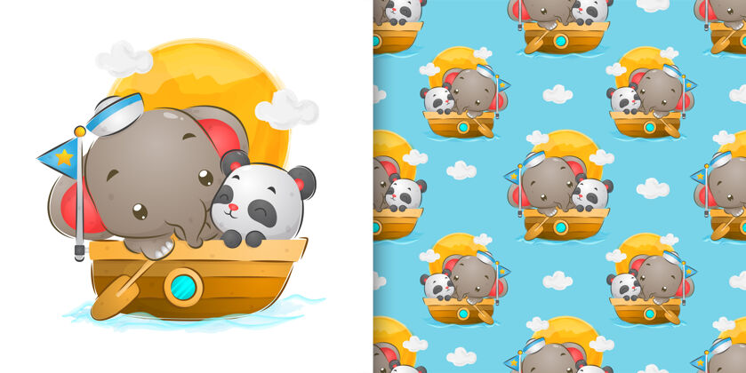 设计无缝水彩的水手大象航行与可爱的熊猫插图艺术品船太阳