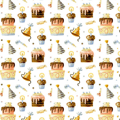 纸杯蛋糕生日快乐蛋糕 纸杯蛋糕和生日帽无缝模式插图蛋糕生日帽