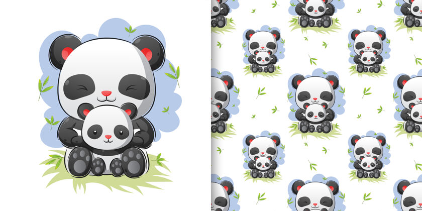 竹子熊猫坐在一起竹林插图手绘哺乳动物艺术品熊猫