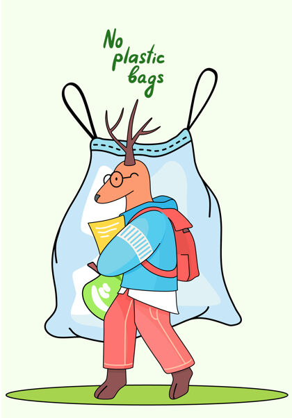 一次性卡通鹿小学生背着背包去上学废物垃圾危害