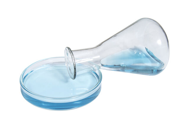 卫生白底蓝色液体的医用烧瓶和培养皿科学皮氏培养皿输液