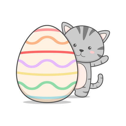 节日可爱的小猫躲在白色的复活节彩蛋后面传统猫鸡蛋