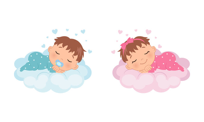 天空可爱的小女孩和男孩睡在云上新生儿卡瓦伊卡通