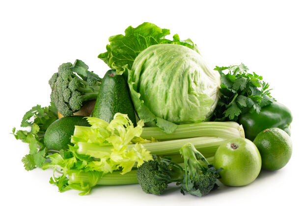 迷迭香白色背景上的绿色水果和蔬菜素食主义者植物新鲜