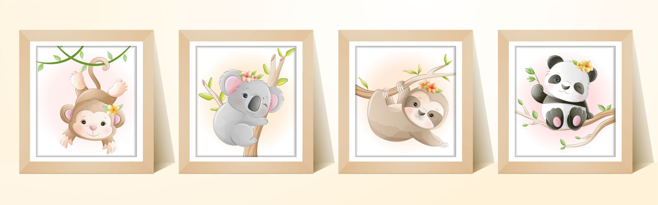 画框水彩可爱的卡通热带动物与框架水彩熊猫人物