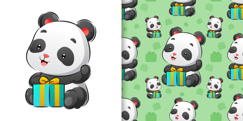 小动物熊猫坐在礼品盒旁边无缝图案套装插画礼物艺术品五颜六色