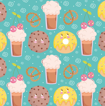 美味食物图案有趣的卡通可爱的饼干冰沙甜甜圈和椒盐卷饼矢量插图墙纸甜点咖啡