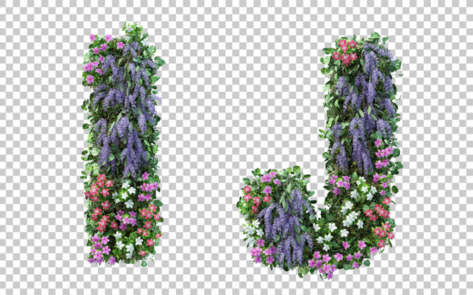 夏天垂直花园的三维渲染字母i和字母j隔离春天树叶花