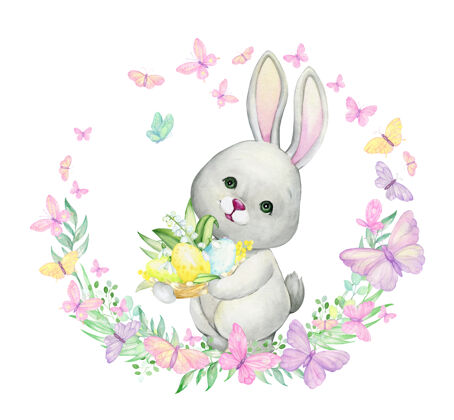 鸡蛋兔子 复活节彩蛋 鸡蛋 花 蝴蝶 植物.水彩概念 卡通风格卡通手绘季节