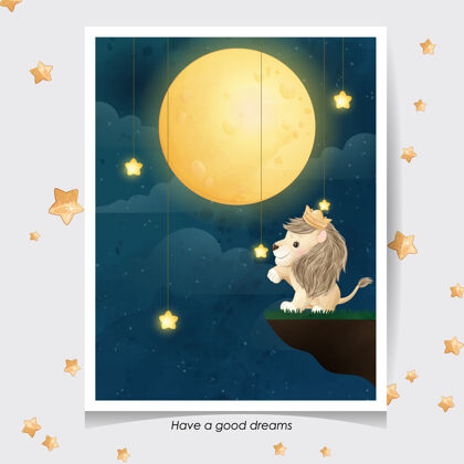 月亮可爱的涂鸦狮子与水彩画插图晚安狮子婴儿淋浴