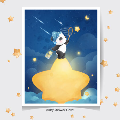 卡片可爱的涂鸦熊猫与水彩插图熊猫手绘动物宝宝