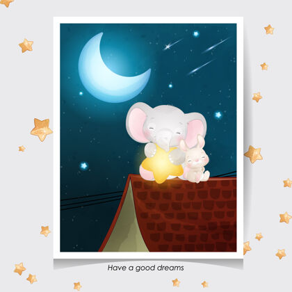晚安可爱的涂鸦大象和小兔子与水彩插图绘画兔子动物