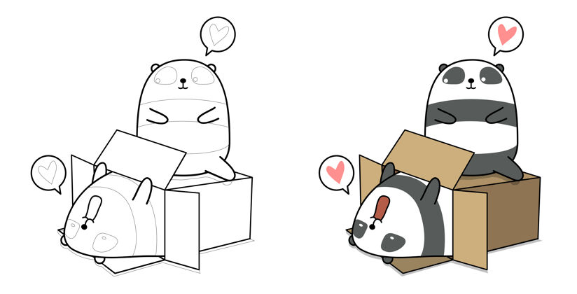 插图可爱的熊猫在盒子与朋友卡通彩页儿童野生可爱熊猫