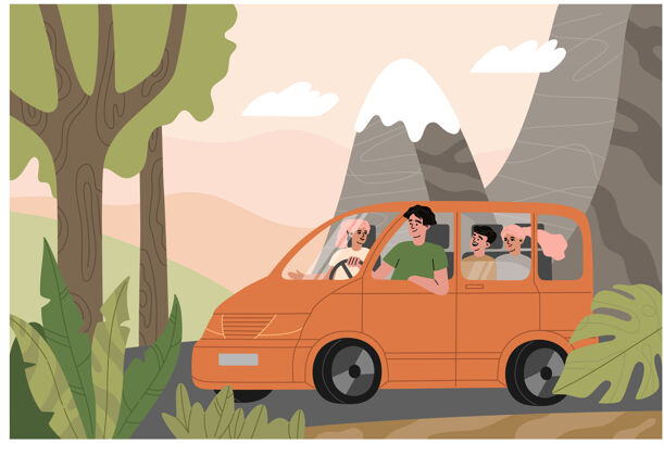 旅行一家人坐着橙色的车旅行 大自然的风景在阳光下背景快乐父母带着孩子去山上度假汽车手画在平面纸箱风格的插图男孩男人孩子
