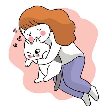 甜蜜女人抱猫手绘卡通可爱微笑动物宠物