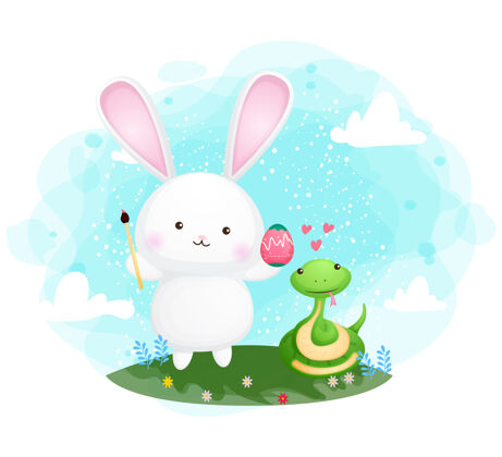 装饰可爱的兔子和蛇复活节庆祝卡通人物鸡蛋动物蛇