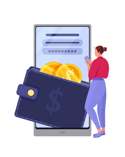 虚拟在线支付和数字钱包与妇女登录金融应用程序 硬币 智能手机支付支付发送