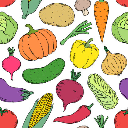 甜菜手绘蔬菜的无缝图案茄子土豆胡椒