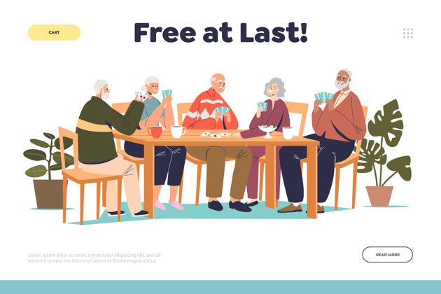 聚会快乐退休概念登陆页 与一群资深人士打牌老年卡通养老