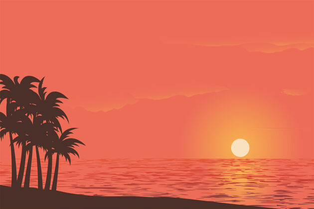 日出美丽的天空中有棕榈树的日落景色渐变热带日落