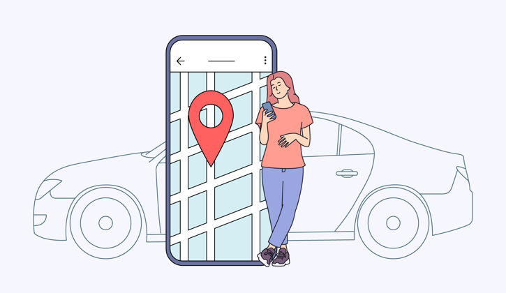 汽车共享汽车共享和在线应用concept.young公司女人靠近智能手机屏幕 在城市地图上有路线和位置点 还有车街道单位订单